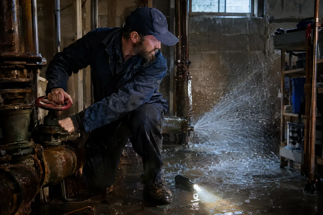 Plumber shutting off a burst pipe spraying water in a basement