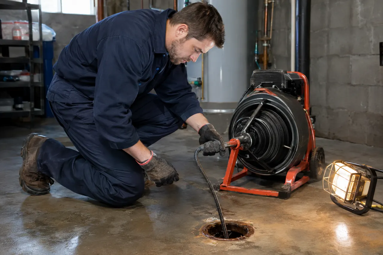 Plumber feeding a drain cleaning machine into a floor drain