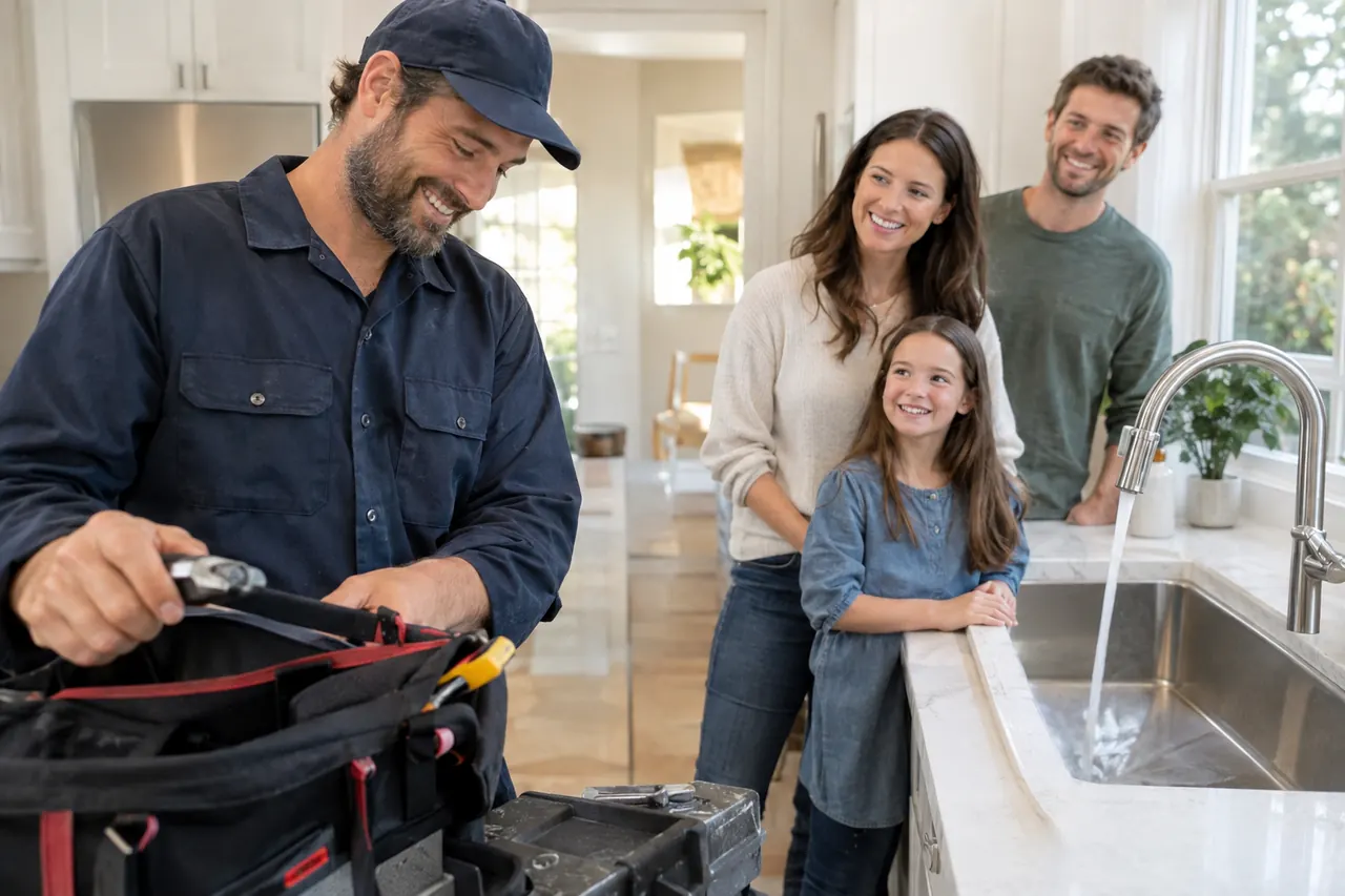 Plumber and a smiling family at a kitchen sink after the repair