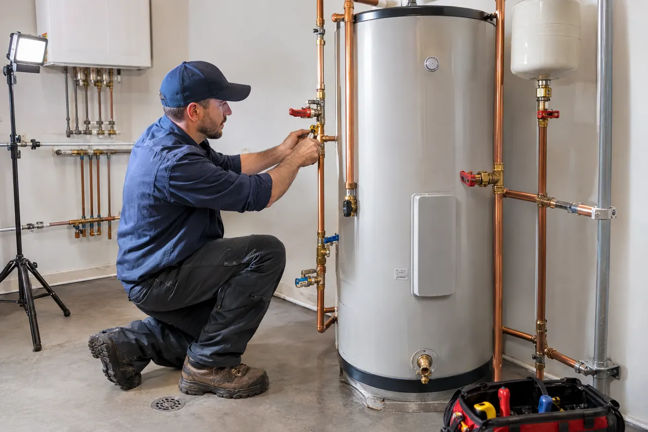 Plumber repairing a tank water heater and copper lines