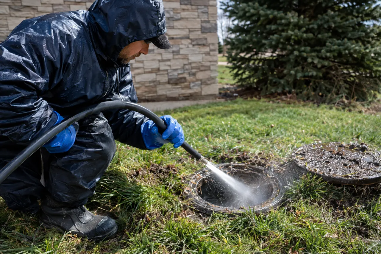 Plumber hydro-jetting a drain access in a lawn