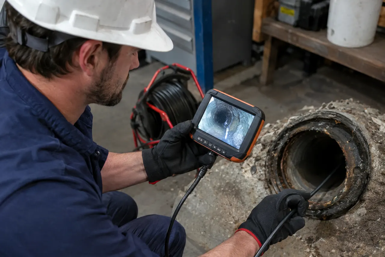 Plumber watching a sewer camera monitor beside an open pipe
