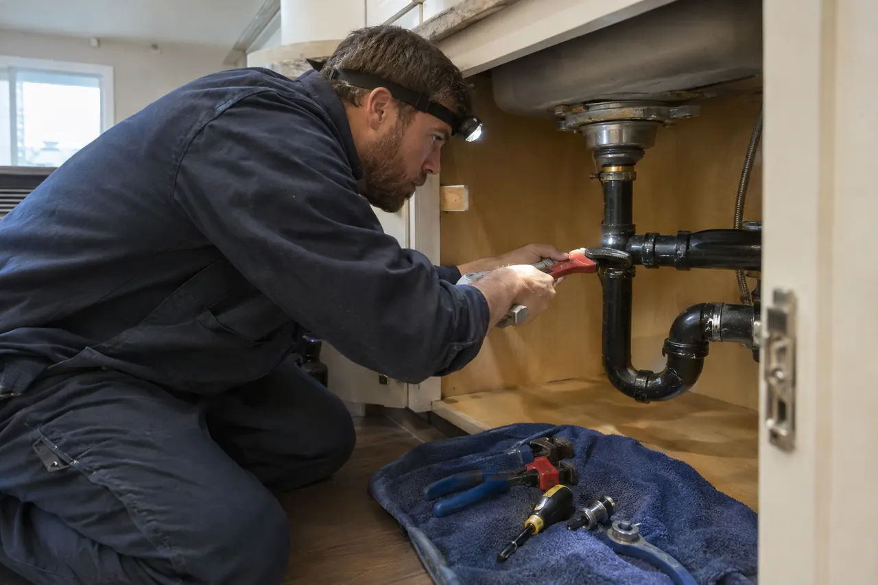 Clog Team 6 plumber with a headlamp repairing pipes under a sink